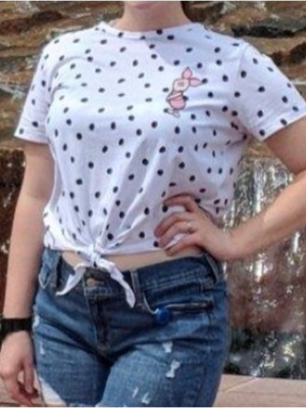 Polka Dot Tie-Front Tee with Disney Piglet Patch
